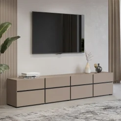 Mobile porta TV 225x48h cm 4 ante a ribalta 4 cassetti moderno tortora nero Lolla