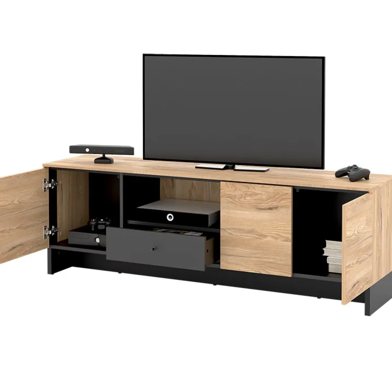 Mobile porta TV 163x54h cm 2 ante 1 cassetto 1 vano a giorno rovere nero Alabaster