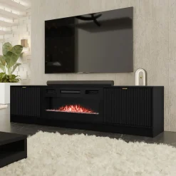 Mobile porta TV 182x48h cm 2 ante con caminetto nero cannettato Athena