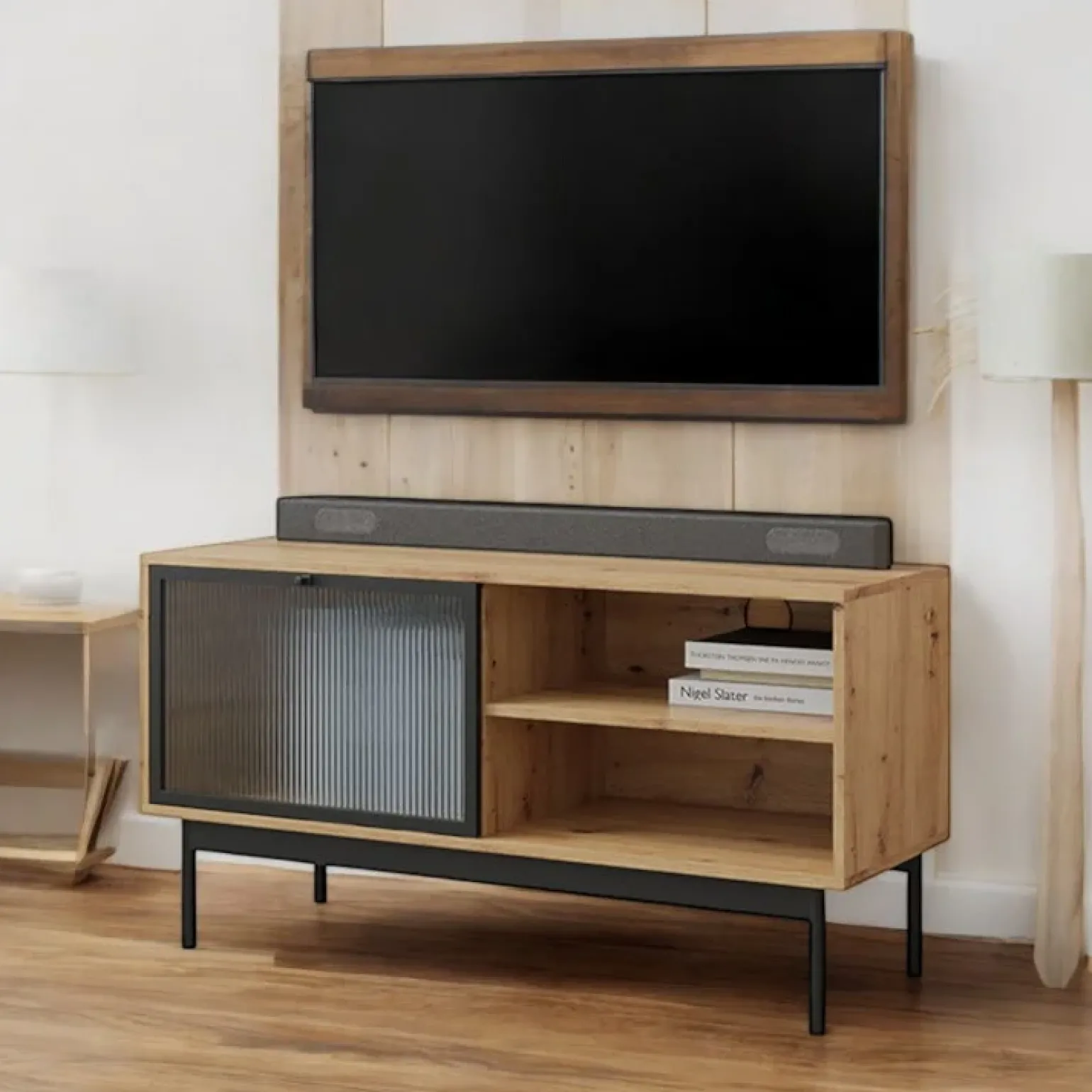 Mobile porta TV 117x60h cm 1 anta 2 vani a giorno rovere nero Herning