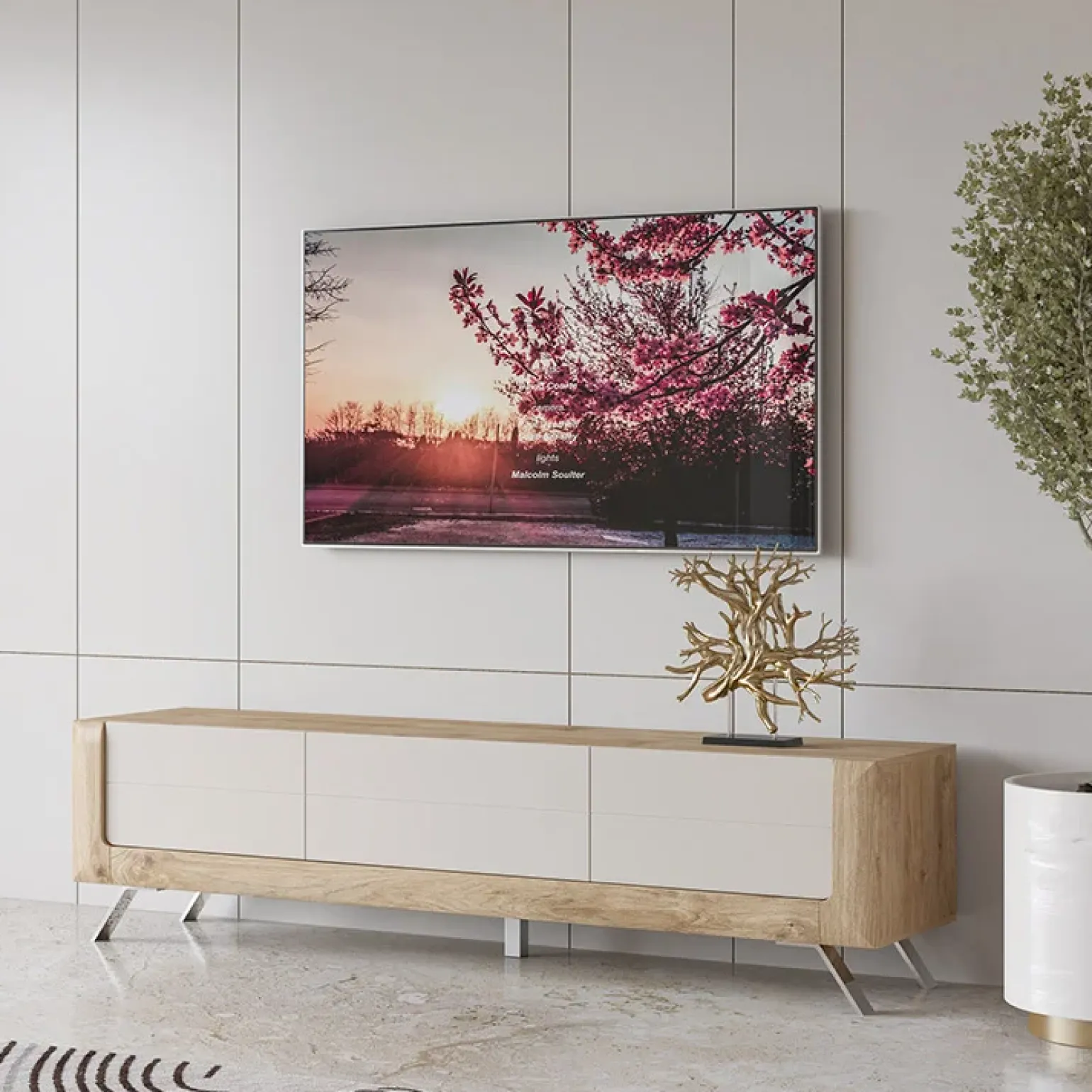 Mobile porta TV 200x52h cm 2 ante 1 cassetto rovere tortora lucido Jumbo