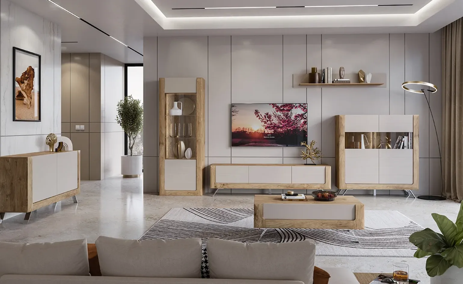 Mobile porta TV 200x52h cm 2 ante 1 cassetto rovere tortora lucido Jumbo