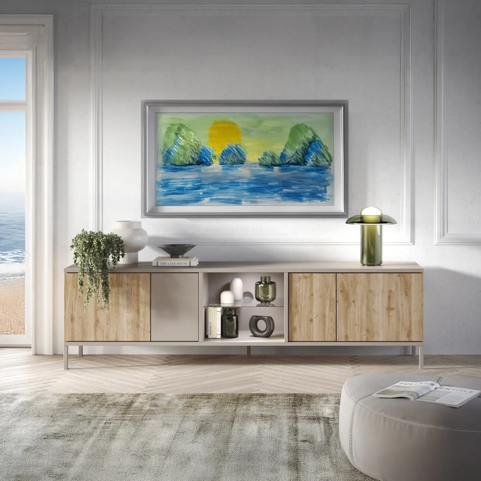 Mobile porta TV 210x59h cm 4 ante 2 vani moderno rovere chiaro beige Silka