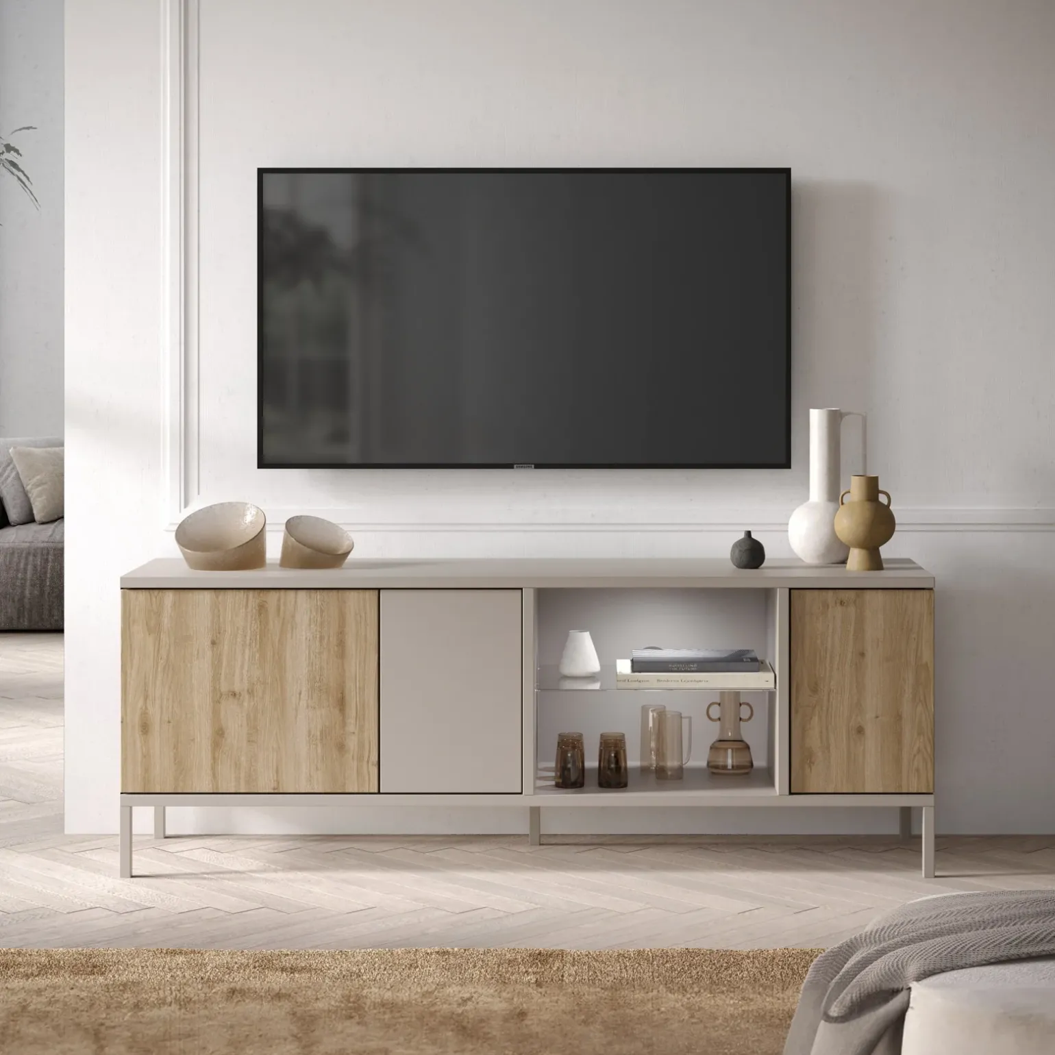 Mobile porta TV 160x59h cm 3 ante 2 vani rovere chiaro beige Tony