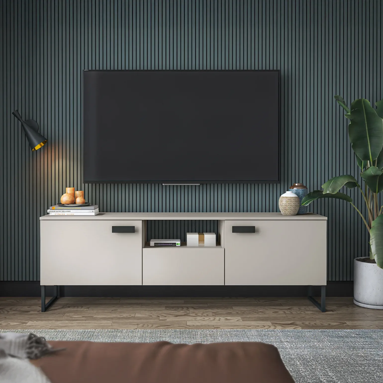 Mobile porta TV 179x60h cm 2 ante a ribalta 1 cassetto beige cashmere nero Casmira