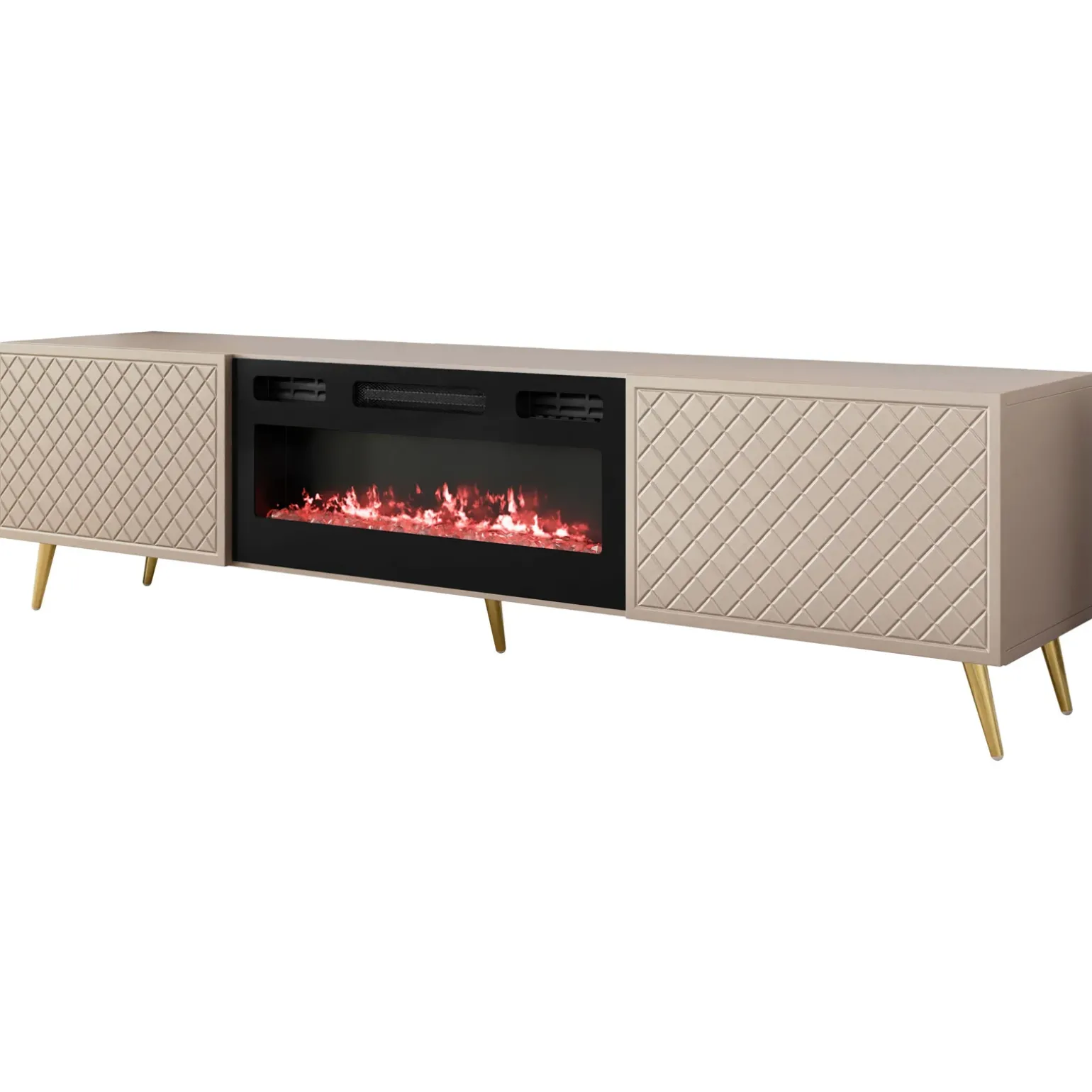 Mobile porta TV 197x52h cm 2 ante con caminetto frontali decorati beige nero Simona