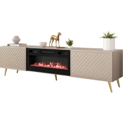 Mobile porta TV 197x52h cm 2 ante con caminetto frontali decorati beige nero Simona