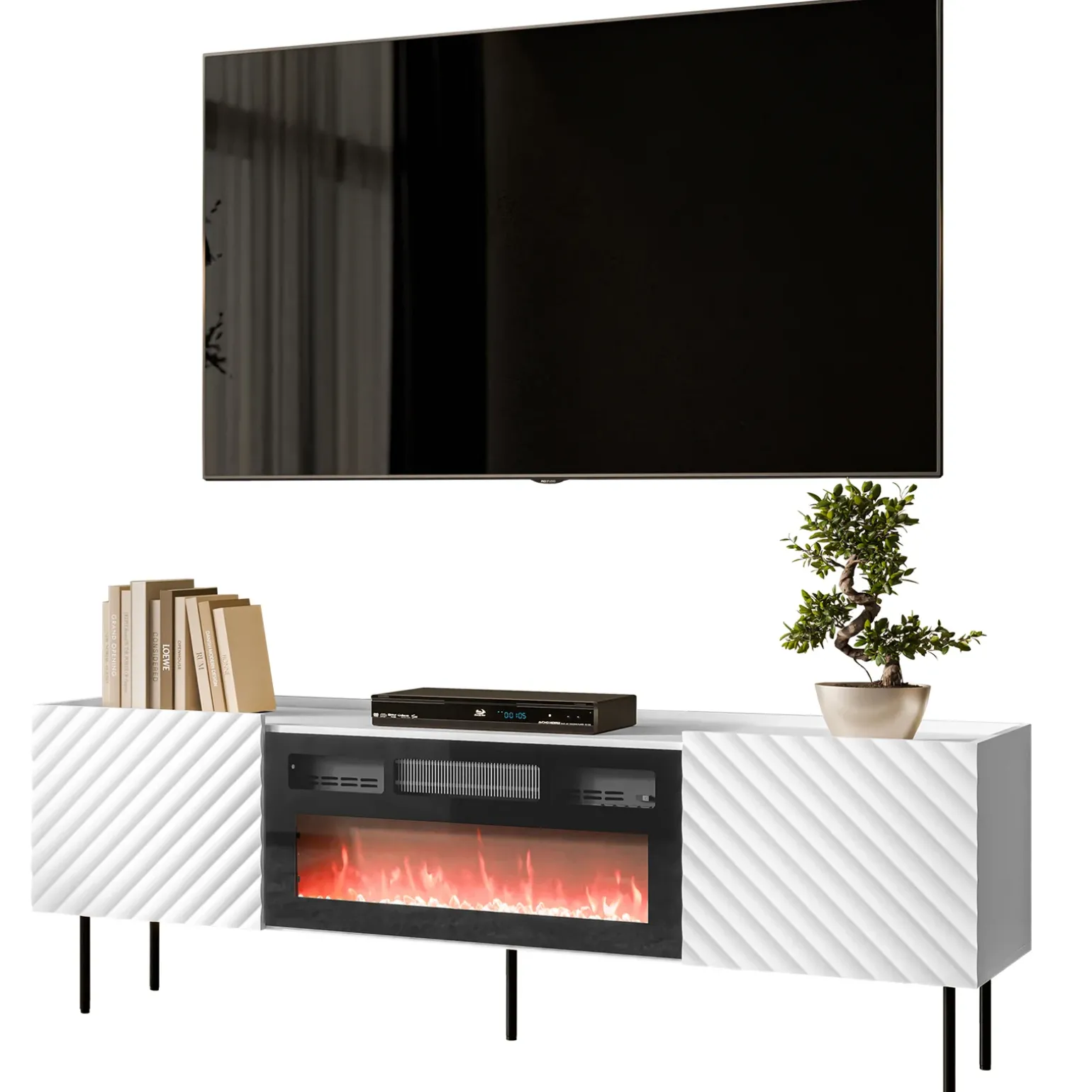 Mobile porta TV 181x59h cm 2 ante con caminetto con frontali decorati bianco Daniele