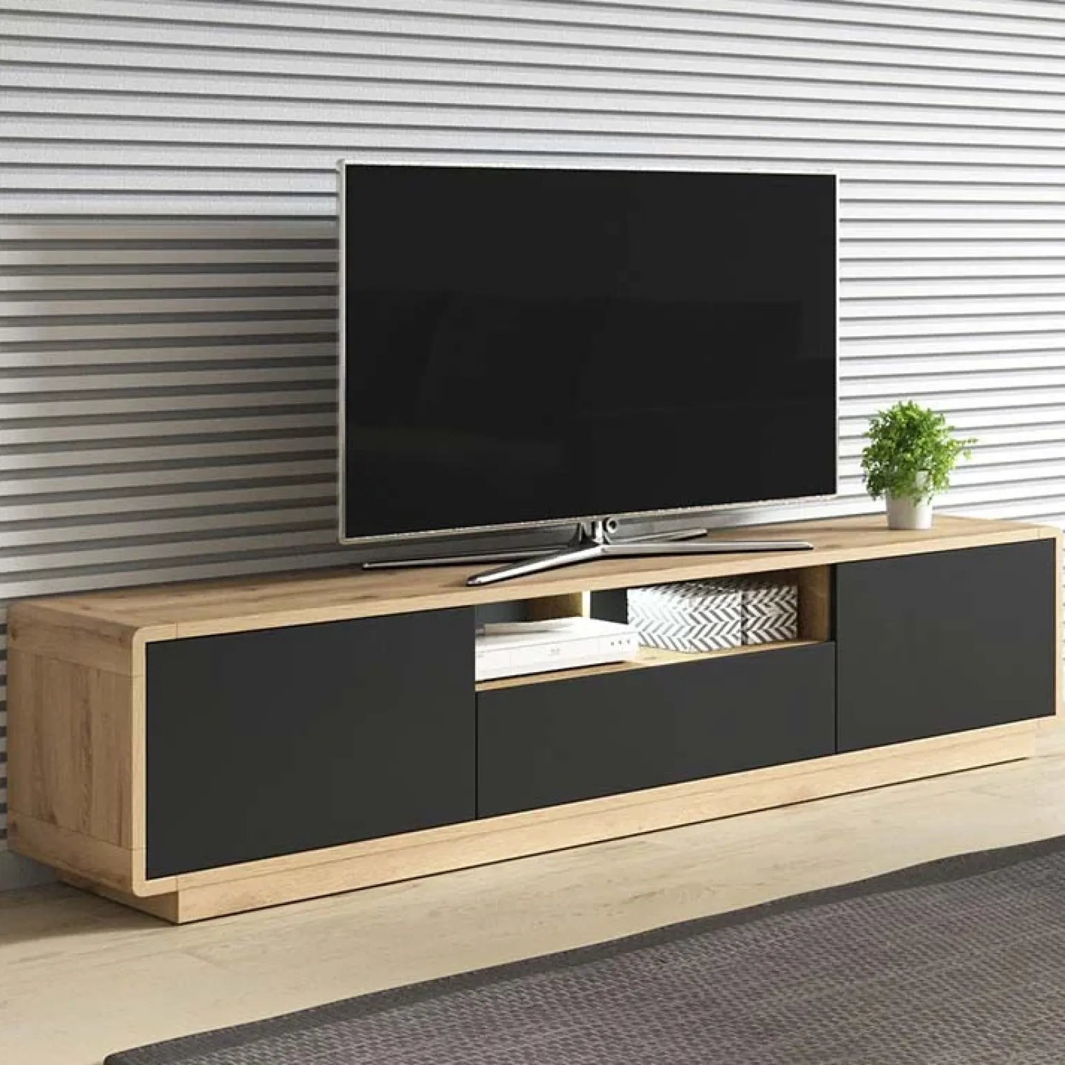 Mobile porta TV 200x45h cm 2 ante 1 cassetto nero opaco rovere Esmond