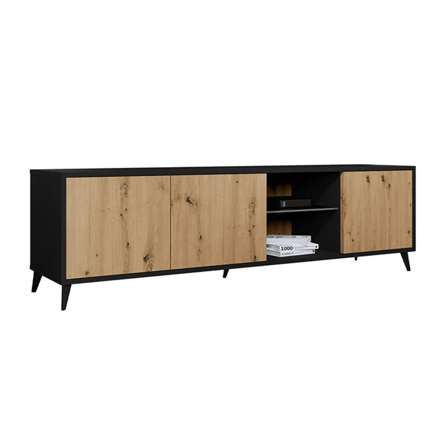 Mobile porta TV 180x52h cm 3 ante 2 vani a giorno rovere nero Hans