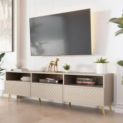 Mobile porta TV 195x57h cm 3 ante 3 vani con frontali decorati beige Simona