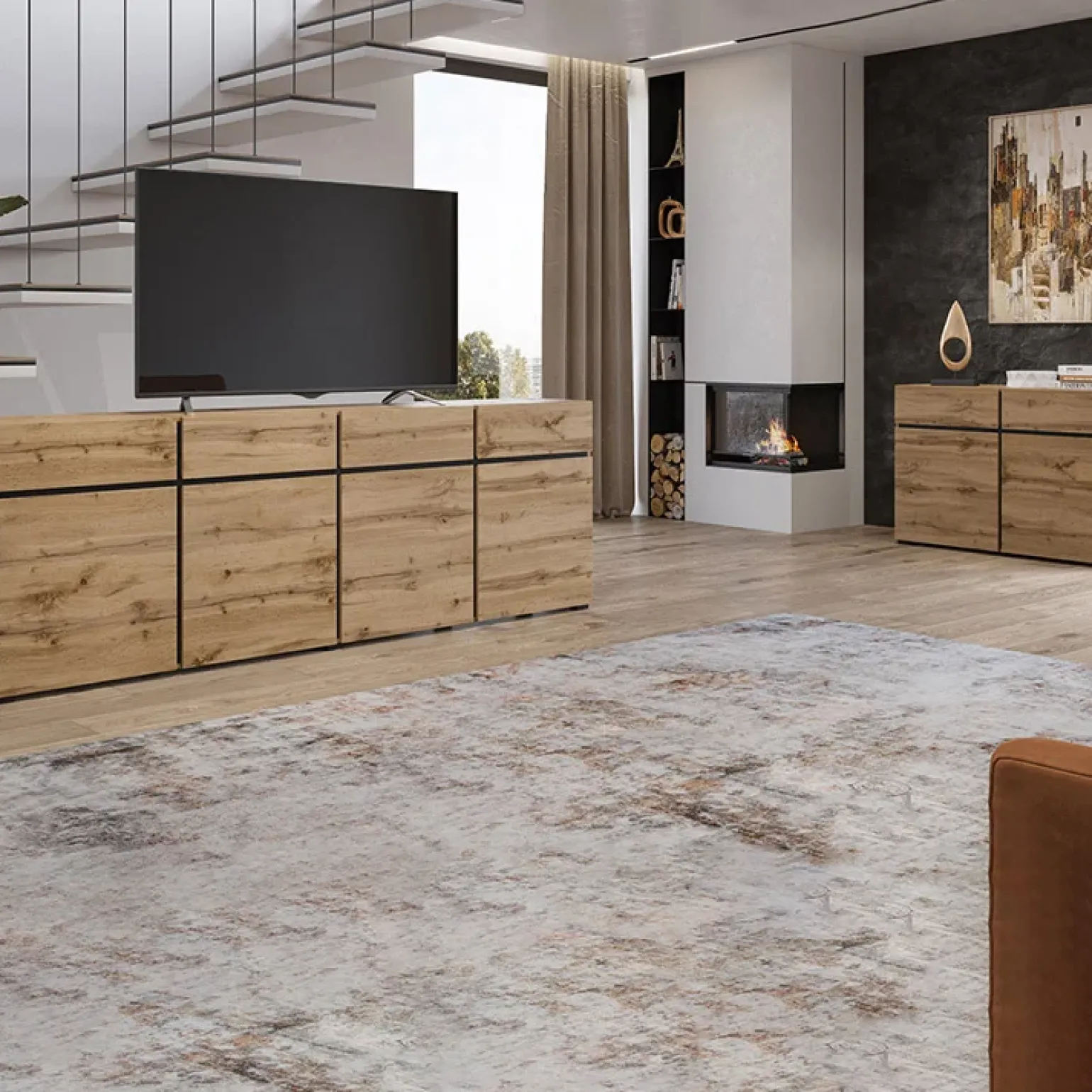 Mobile porta TV 225x48h cm 4 ante a ribalta 4 cassetti moderno rovere nero Lolla
