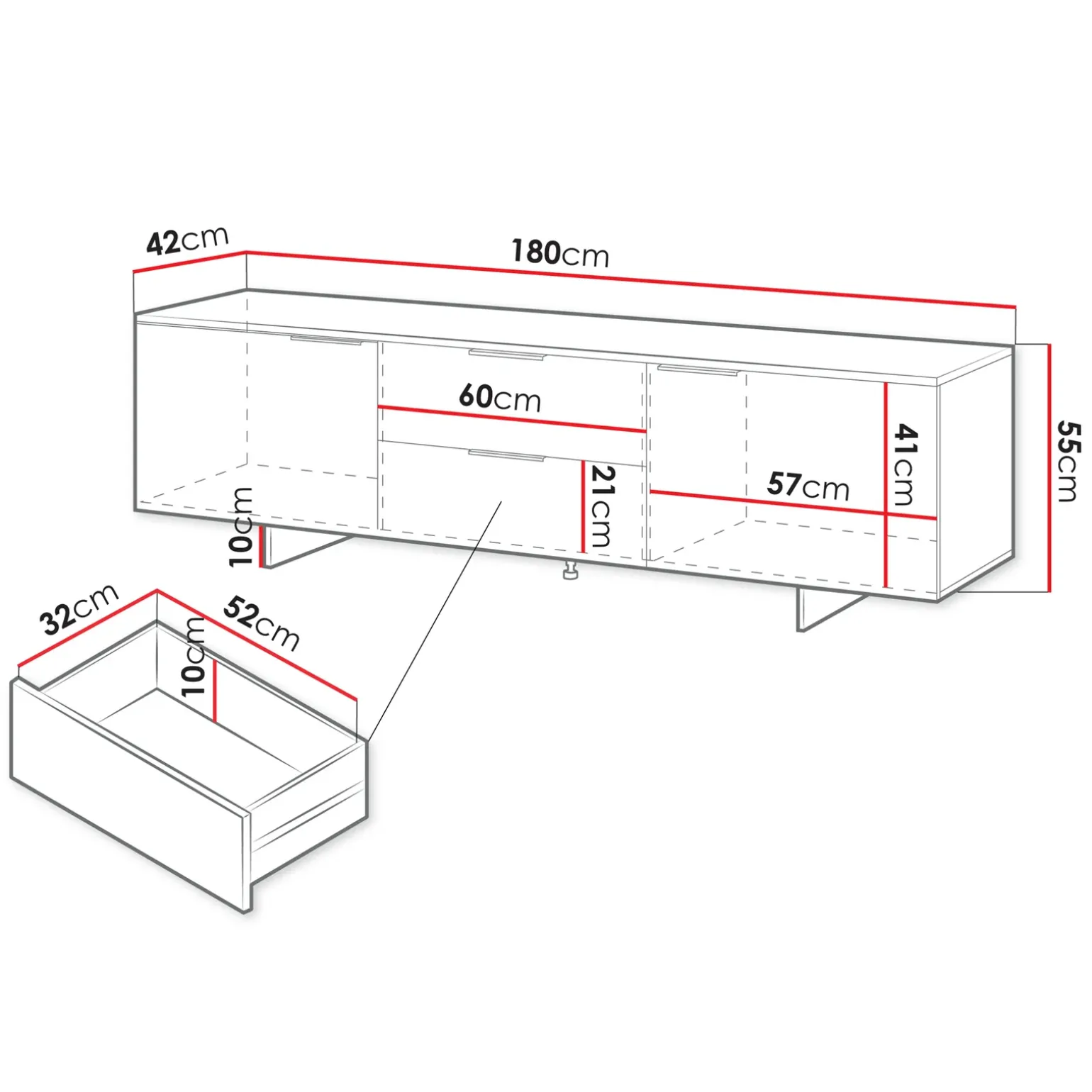 Mobile porta TV 180x55h cm 2 cassetti grigio Stone