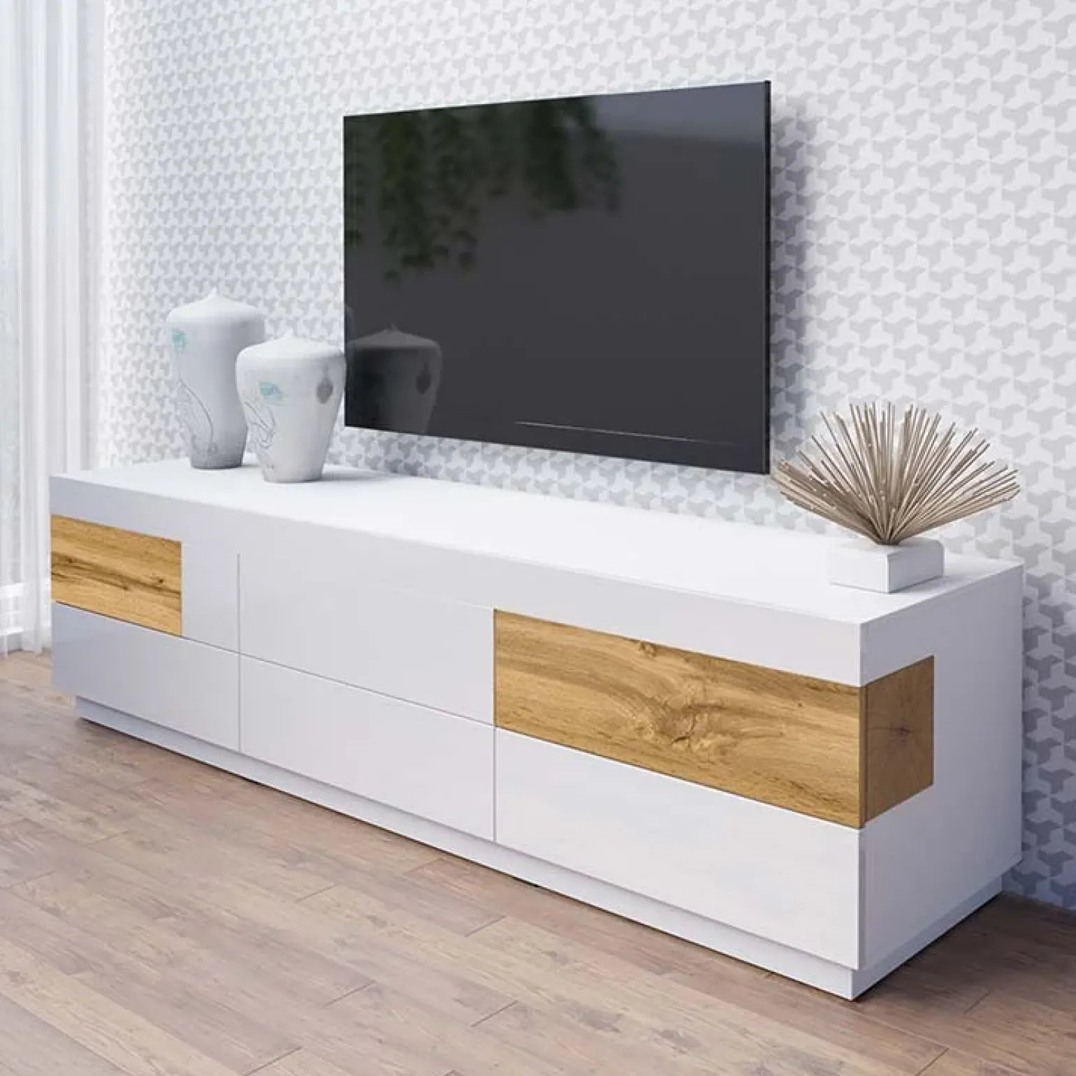 Mobile porta TV 206x54h cm 6 cassetti bianco lucido rovere Bahama