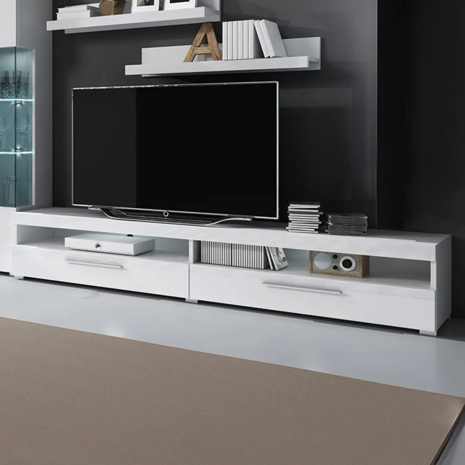 Mobile porta TV 200x35h cm 2 cassetti bianco lucido Frisk
