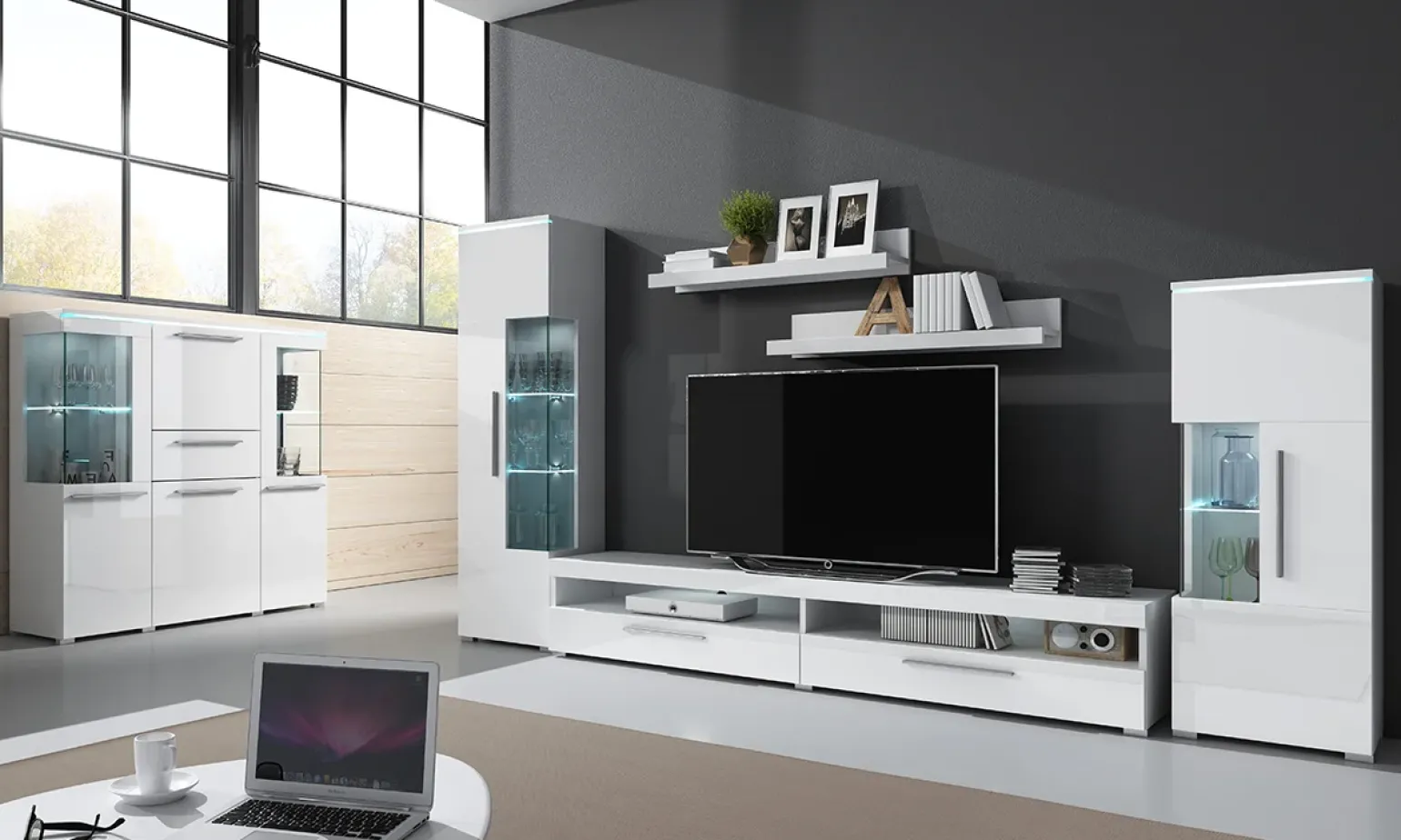 Mobile porta TV 200x35h cm 2 cassetti bianco lucido Frisk