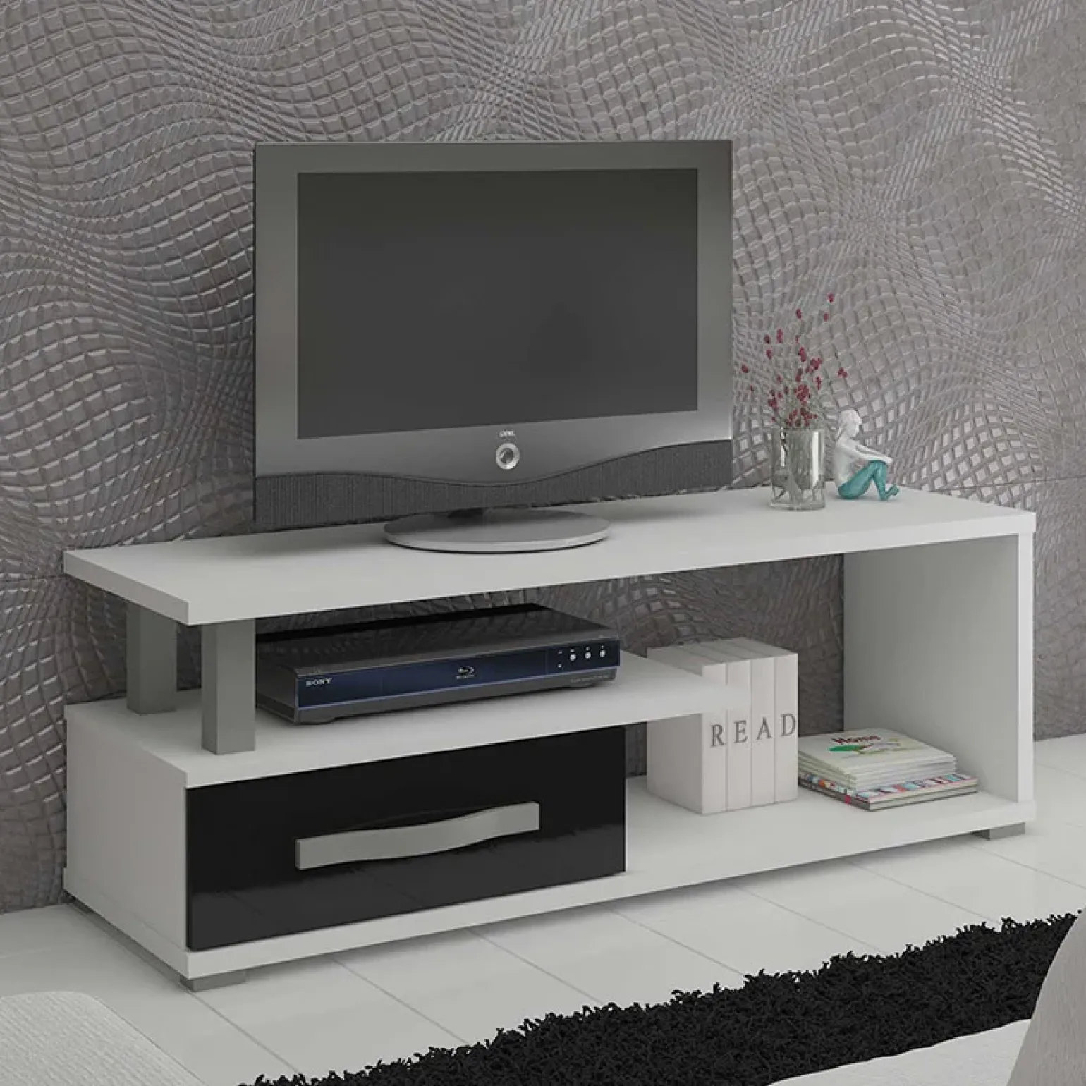 Mobile porta TV 118x43h cm 1 cassetto biaco opaco nero lucido Eddy