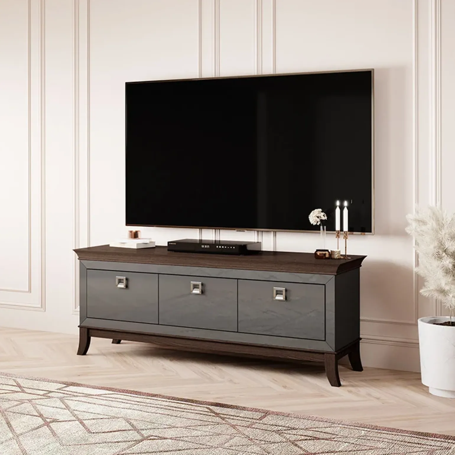 Mobile porta TV 160x63h cm 3 cassetti moderno antracite lucido rovere scuro Umag