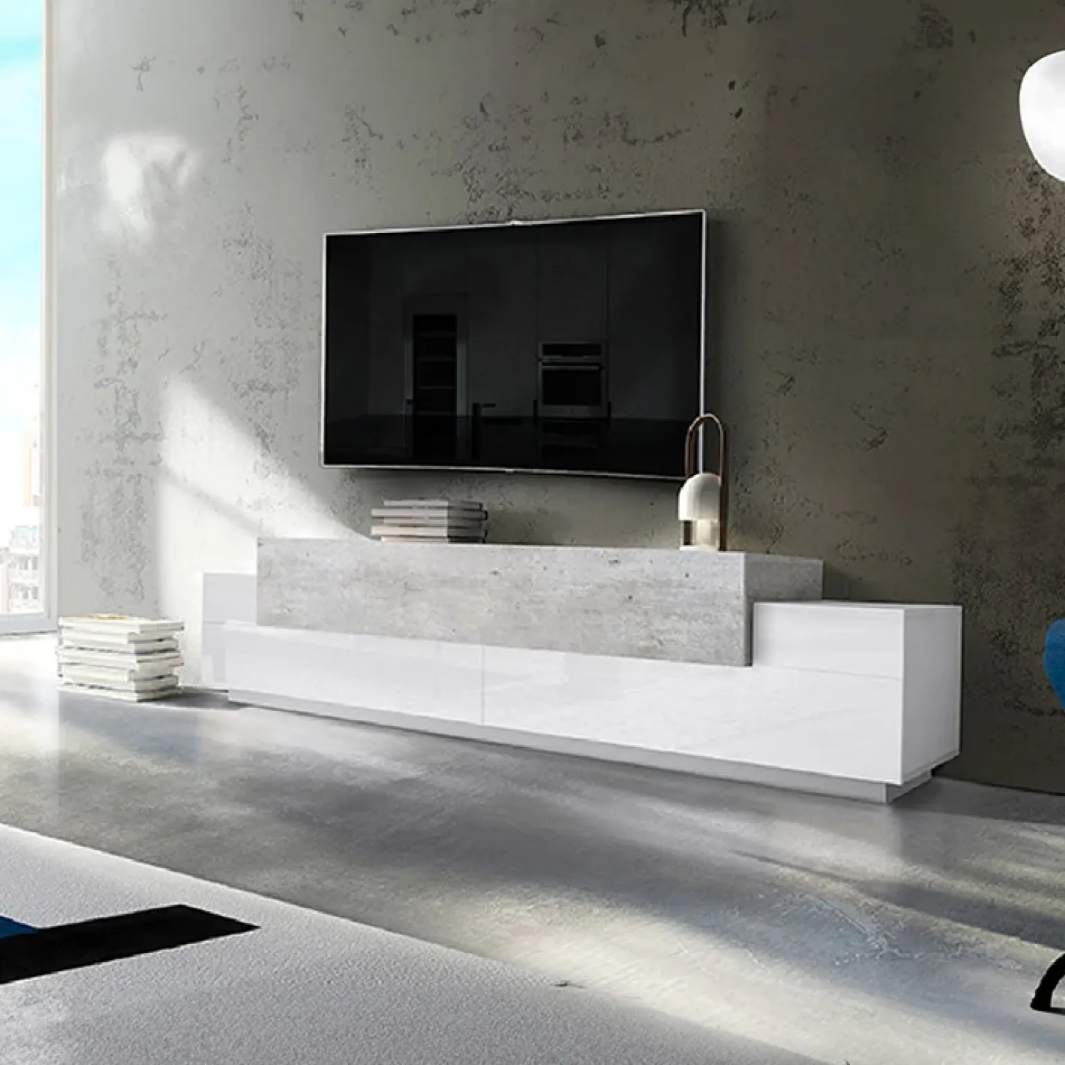 Mobile porta TV 240x52h cm bianco lucido cemento Milos Gihome®