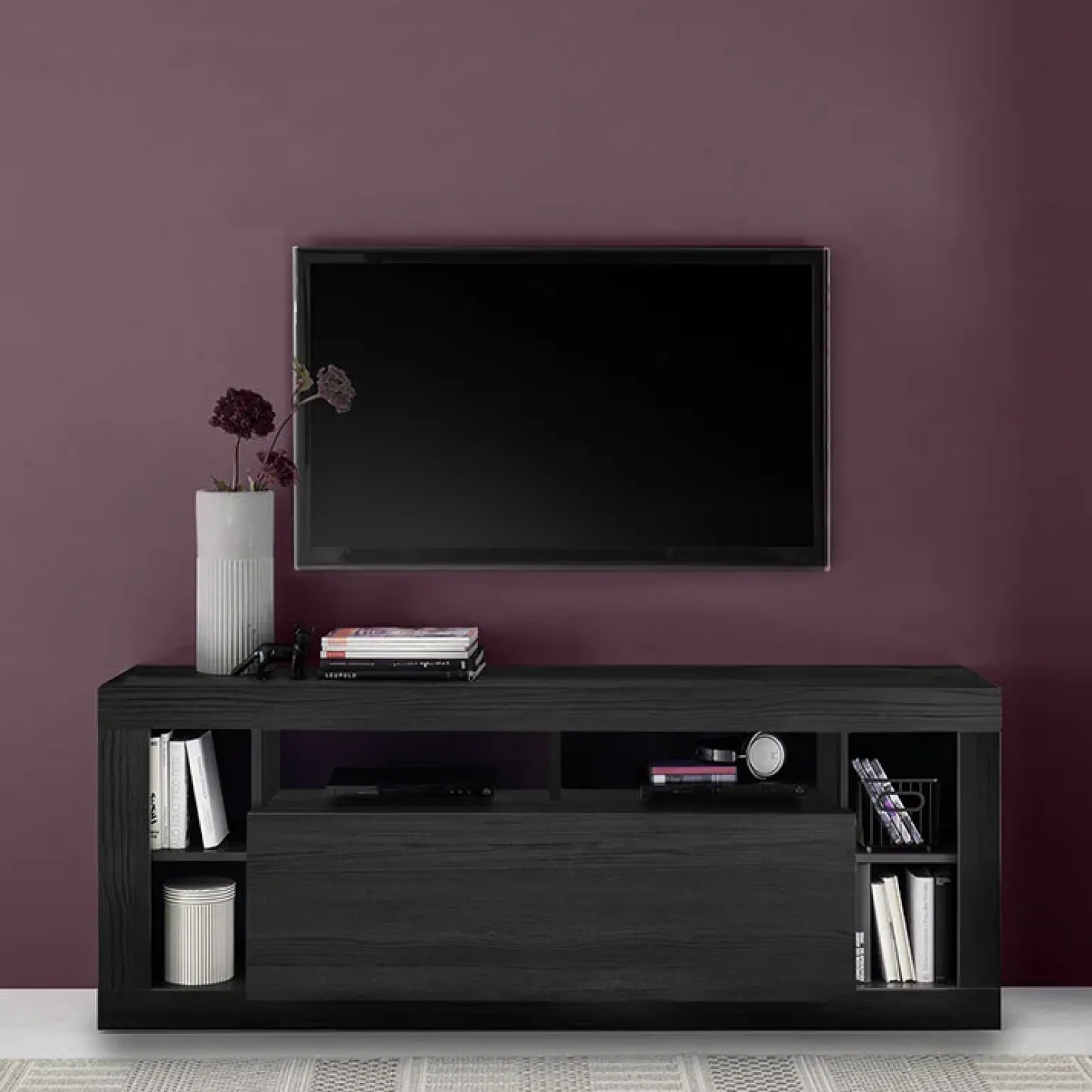 Mobile porta TV 172x66h cm con ribalta nero frassinato Trilogy
