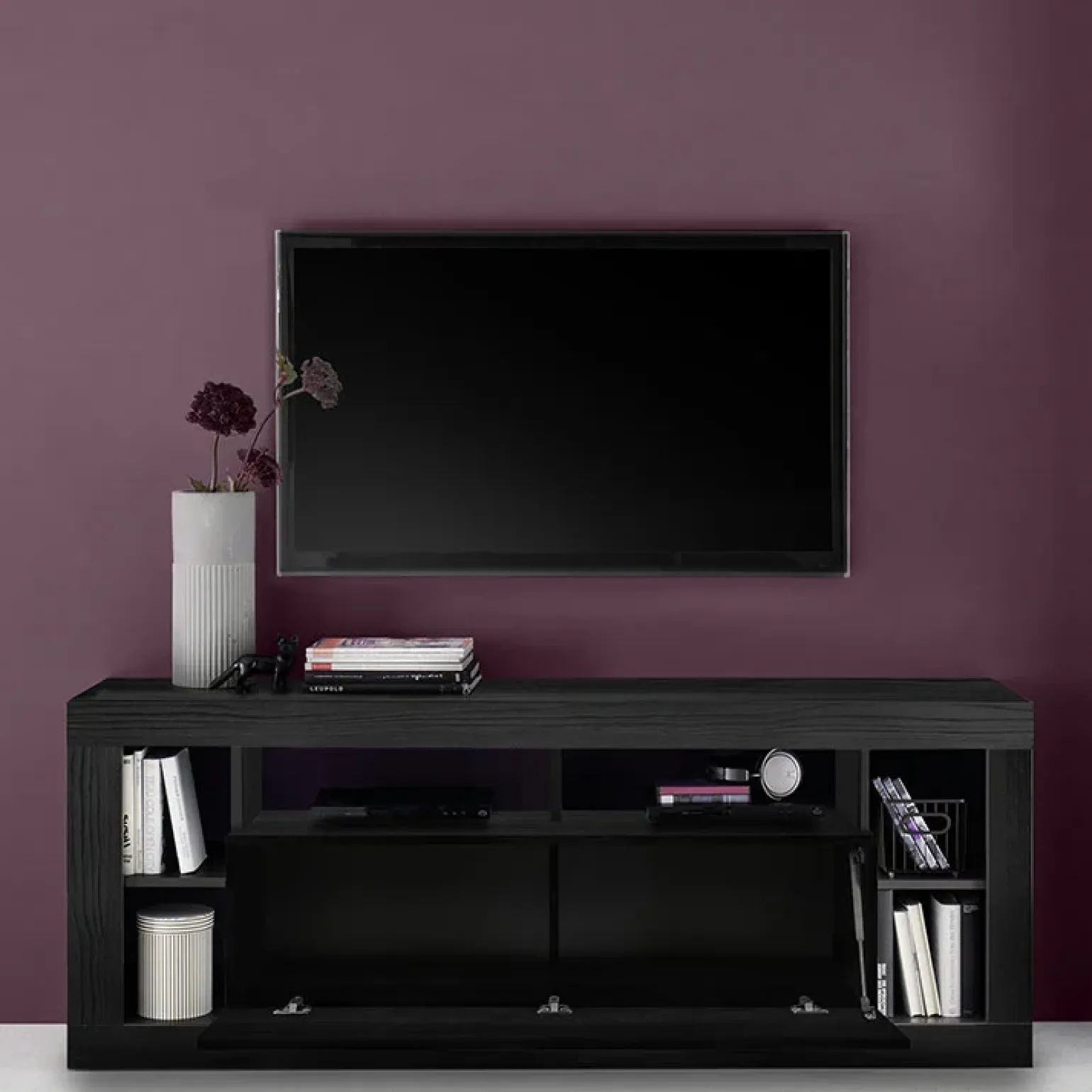 Mobile porta TV 172x66h cm con ribalta nero frassinato Trilogy