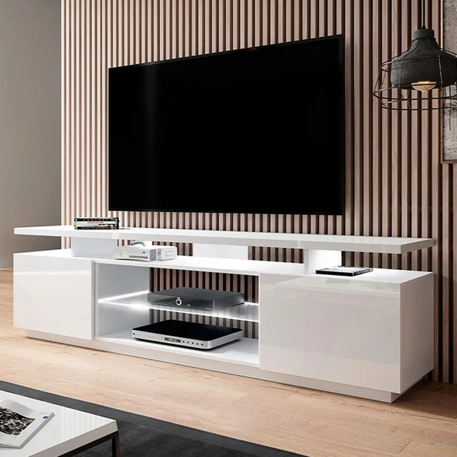 Mobile porta TV 180x56h cm con led bianco lucido Blackburn