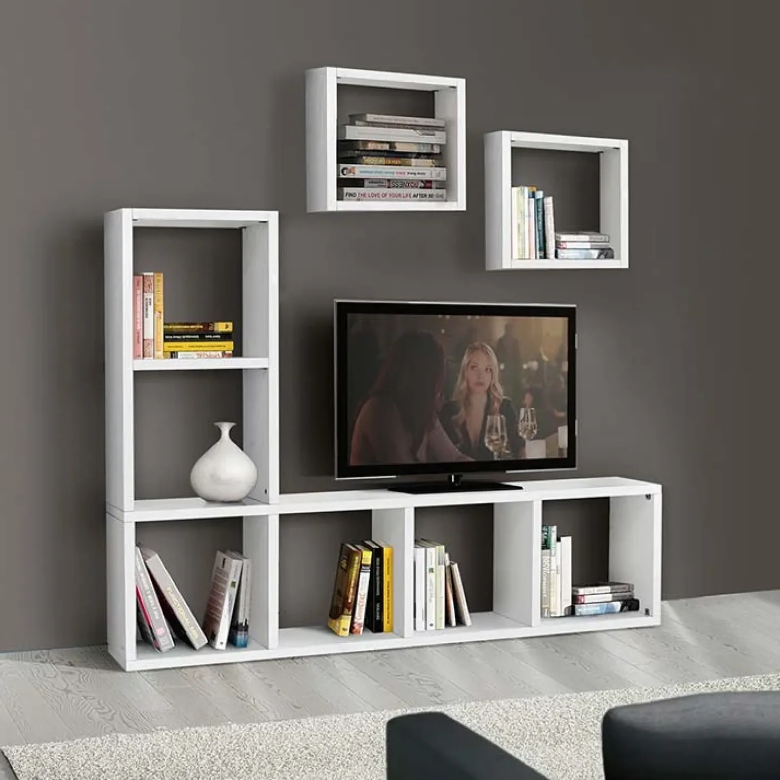 Mobile porta tv 175x132h cm con libreria bianco frassinato Kubic 02