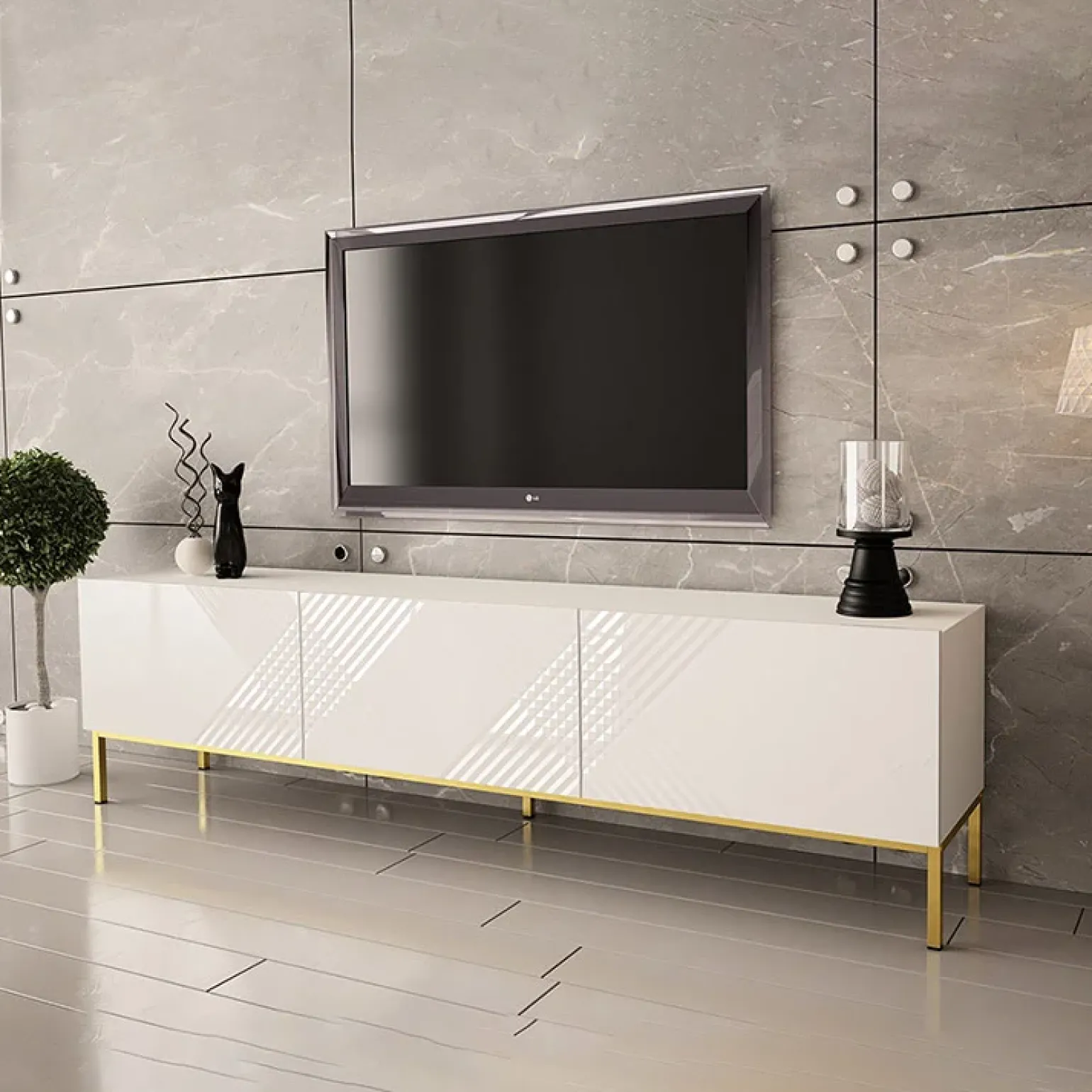 Mobile porta TV 190x5h cm con frontale decorato bianco lucido Marisa
