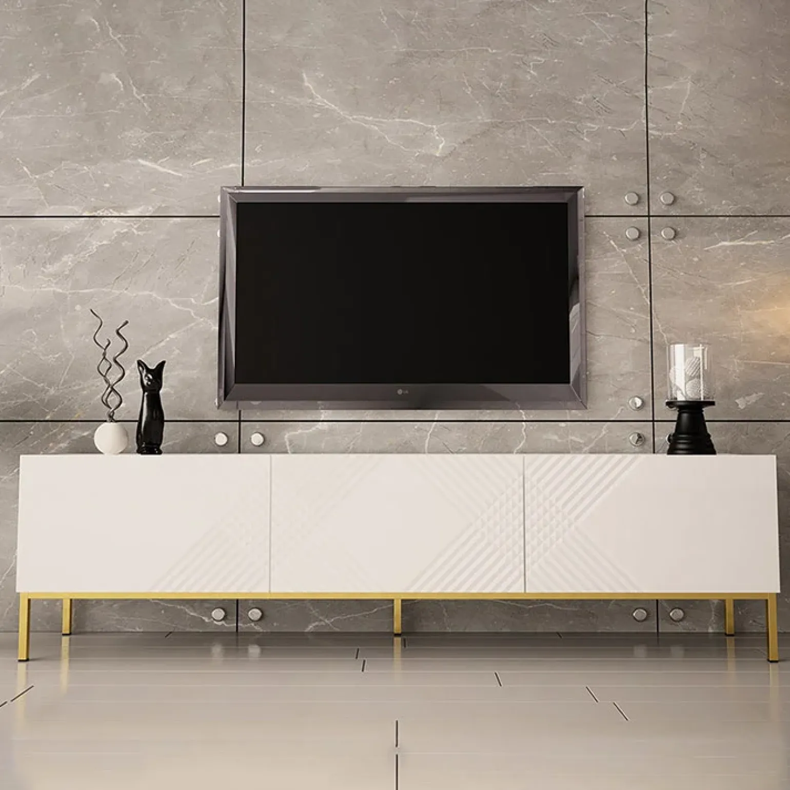 Mobile porta TV 190x5h cm con frontale decorato bianco lucido Marisa