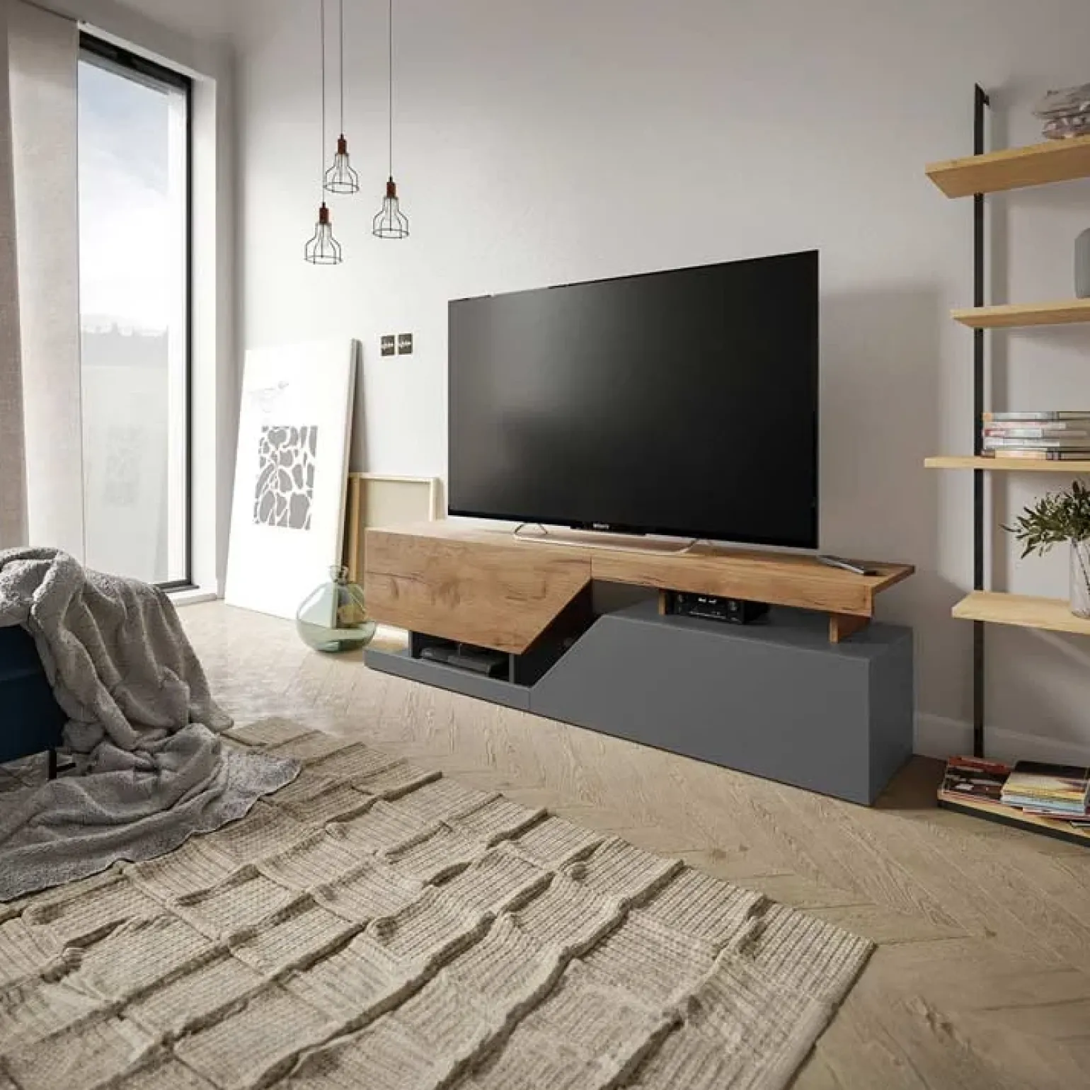 Mobile porta TV 160x46h cm design moderno rovere antracite Modesta