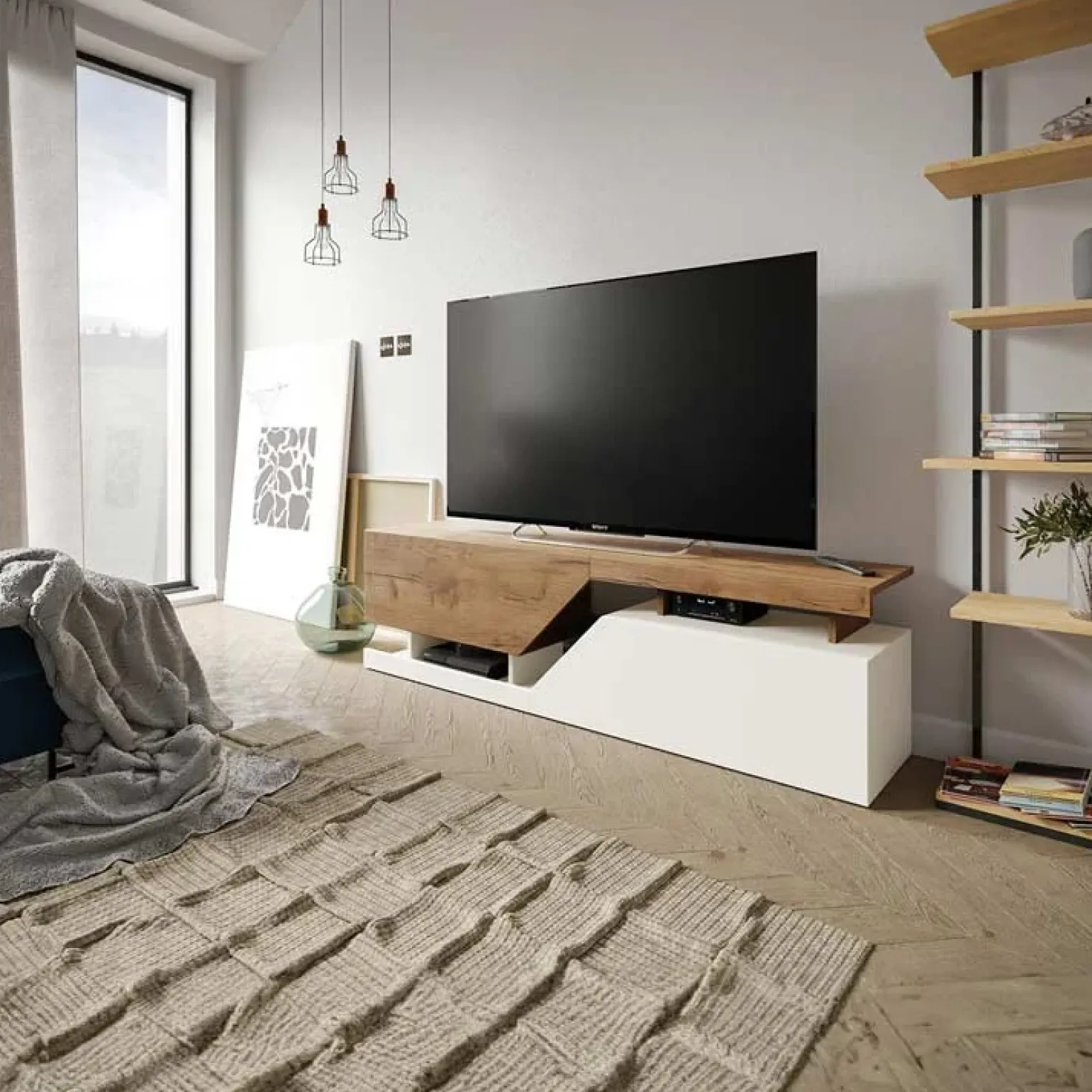 Mobile porta TV 160x46h cm design moderno rovere bianco Modesta