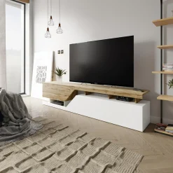 Mobile porta TV 200x47h cm design moderno rovere bianco Modesta
