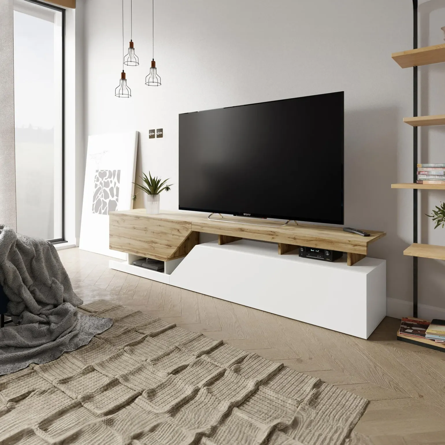Mobile porta TV 200x47h cm design moderno rovere bianco Modesta