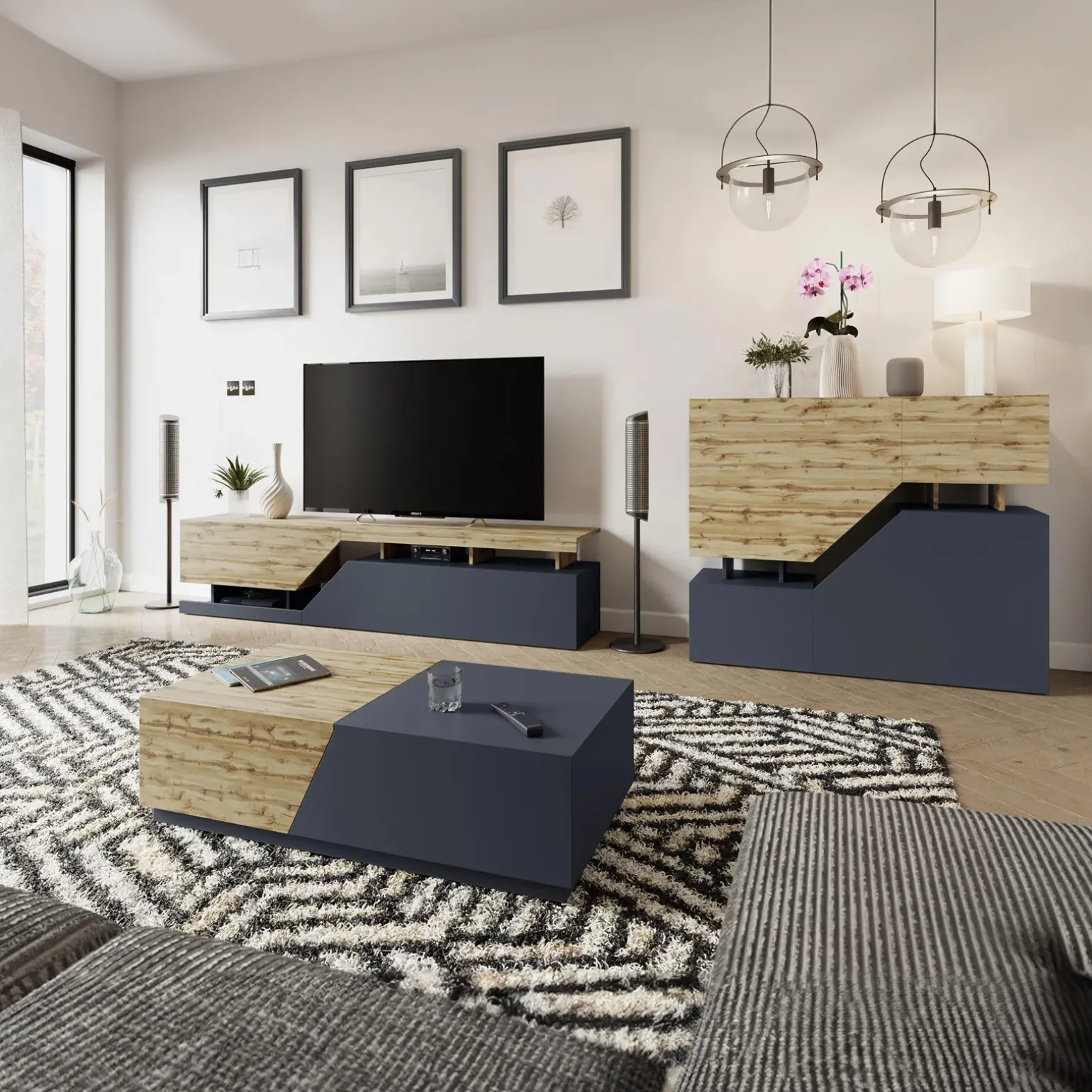 Mobile porta TV 200x47h cm design moderno rovere antracite Modesta