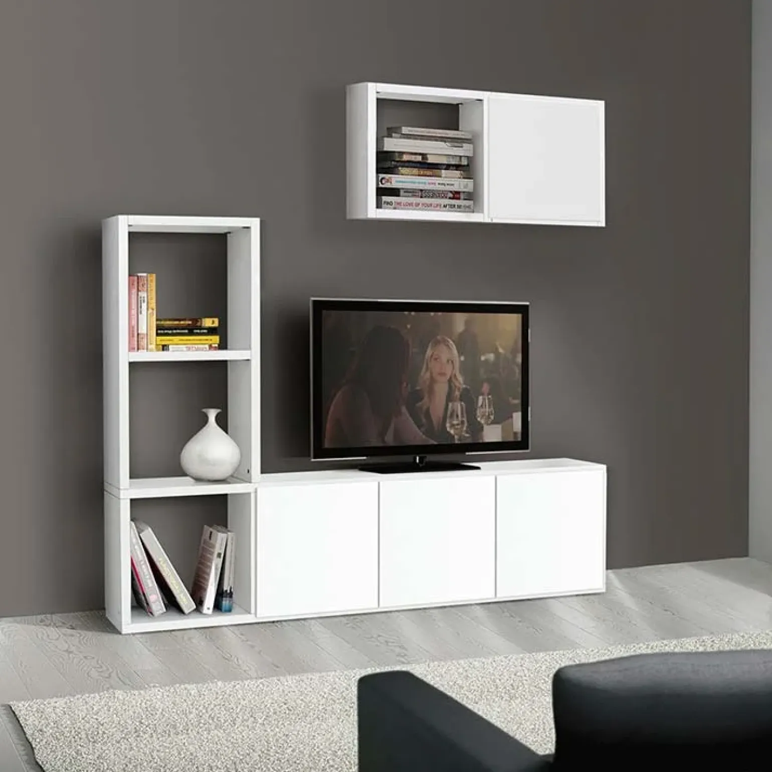 Mobile porta TV 175x132h cm moderno con libreria bianco frassinato Kubic 09