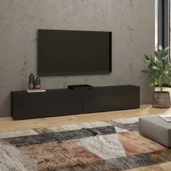 Mobile porta TV 180x35h cm moderno nero Fusion con 2 ribalte
