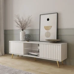 Mobile porta TV 135x45h cm moderno 2 ante bianco cannettato Celestia