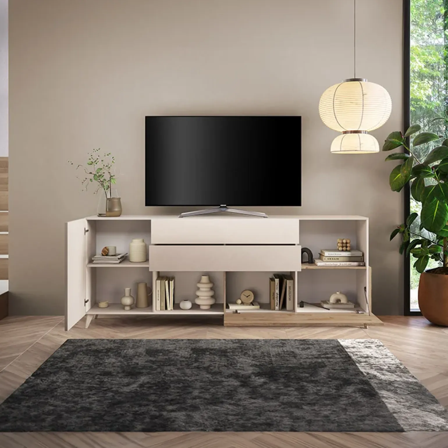 Mobile porta tv 241x94h cm moderna beige rovere chiaro Witty