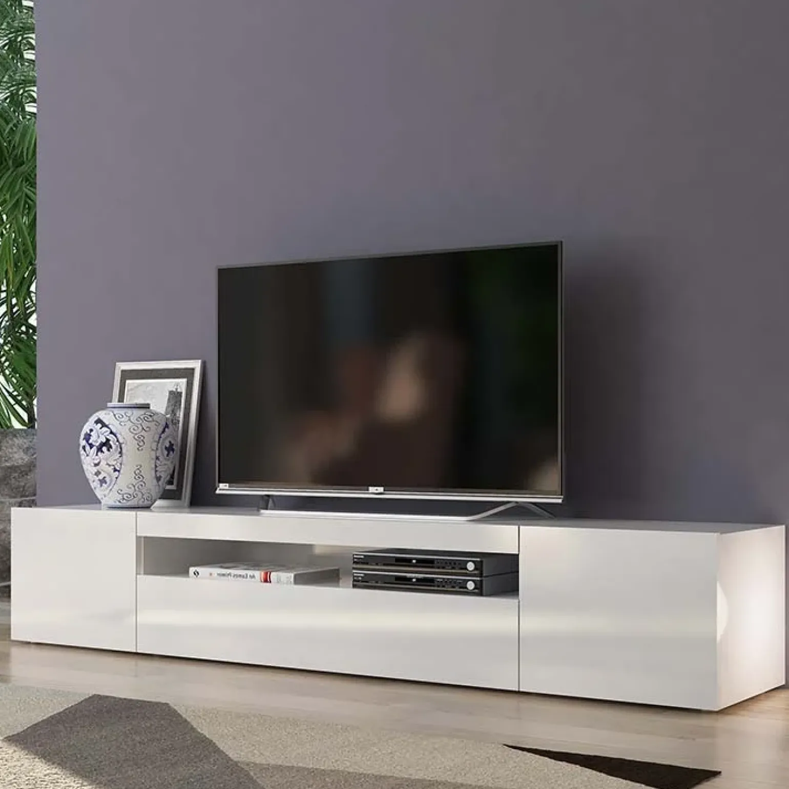 Mobile porta TV 200x37h cm soggiorno bianco laccato lucido Light Big Gihome®