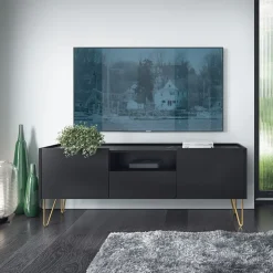 Mobile porta TV 144x55h cm soggiorno nero effetto marmo Sirena