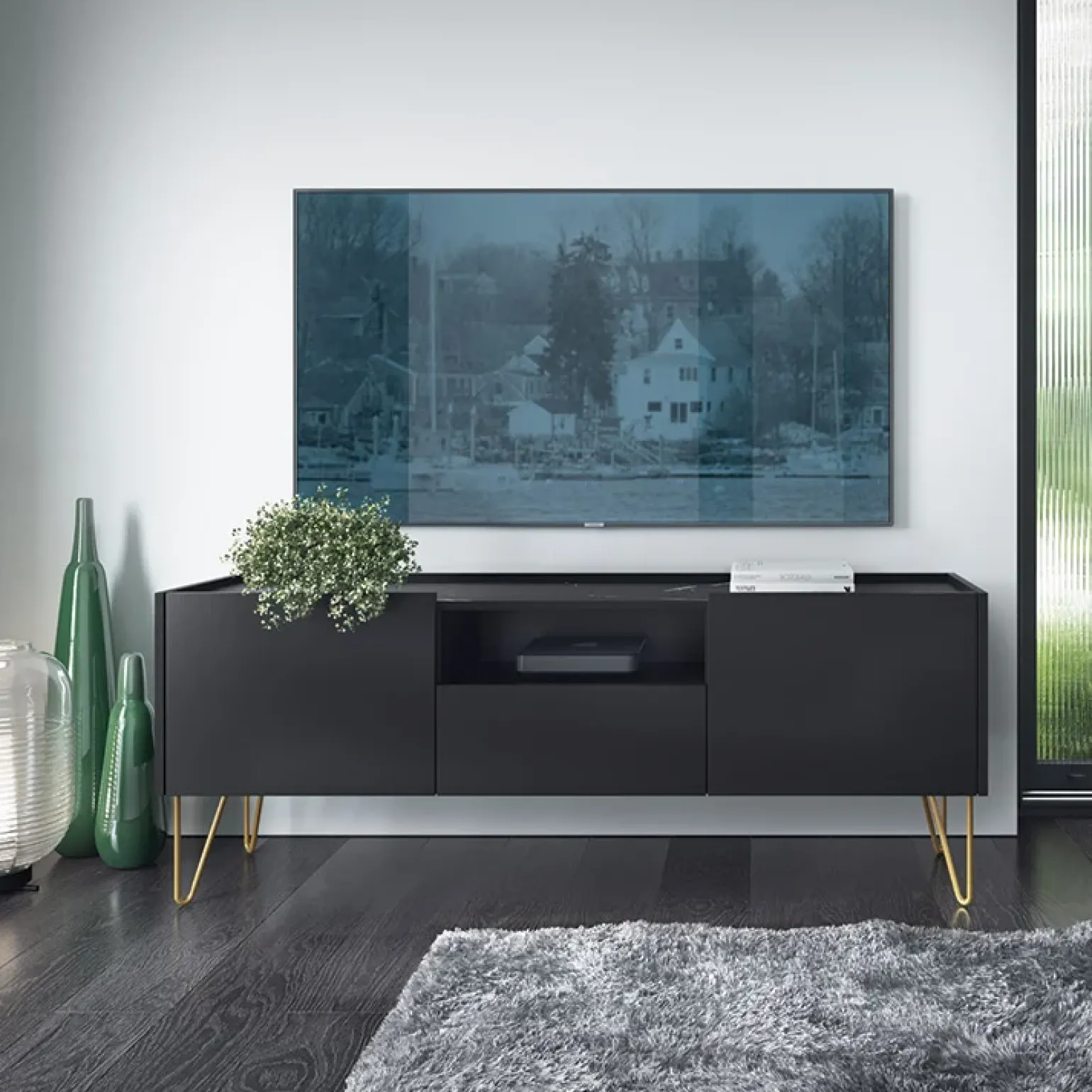 Mobile porta TV 144x55h cm soggiorno nero effetto marmo Sirena