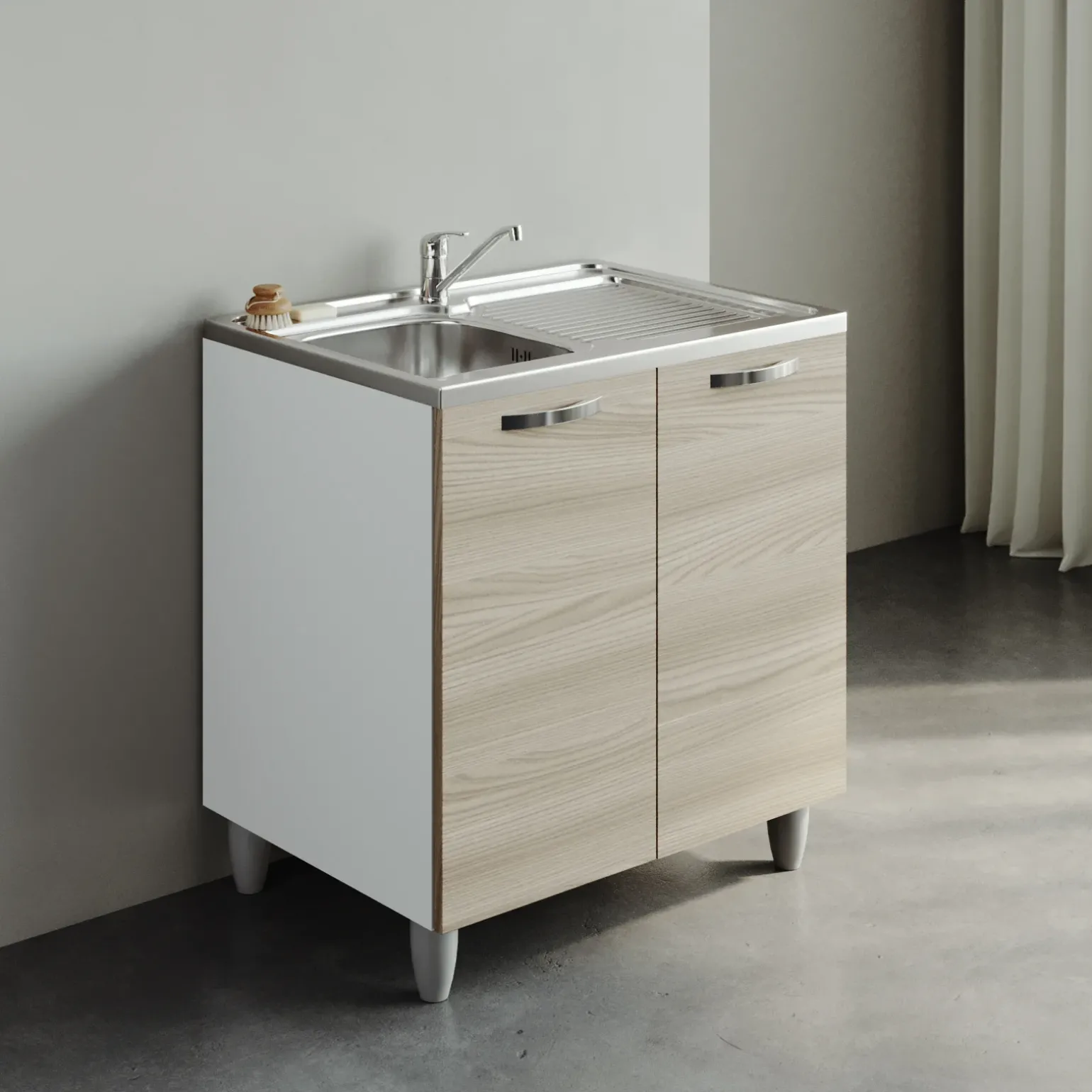 Mobile sottolavello cucina 80x86h cm multiuso con lavello 1 vasca sinistra acciaio inox rovere olmo Talise