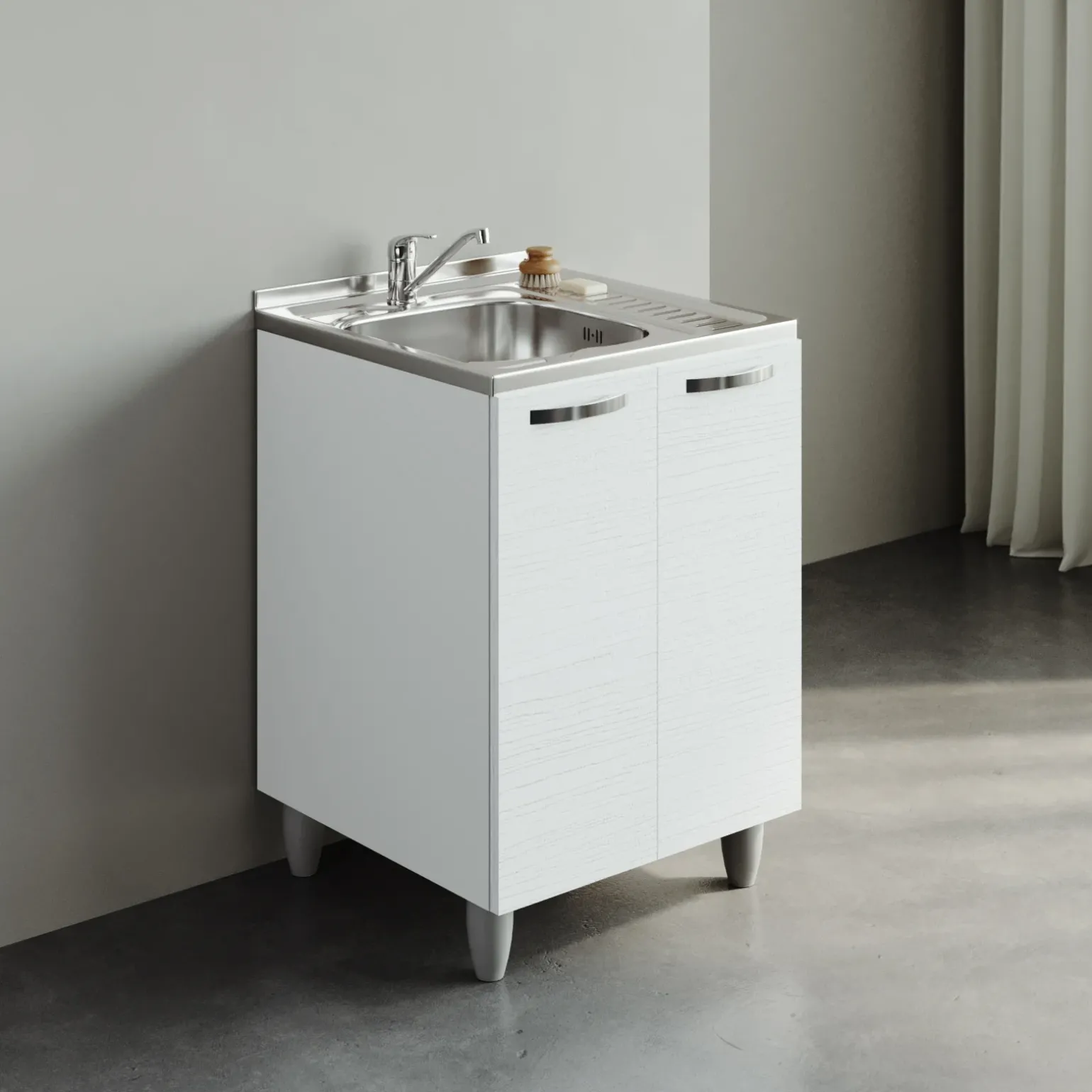 Mobile sottolavello cucina 60x86h cm multiuso con lavello acciaio inox 2 ante bianco frassinato Talise