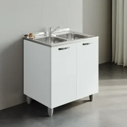 Mobile sottolavello cucina 80x86h cm multiuso con lavello 2 vasche acciaio inox bianco frassinato Talise