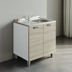 Mobile sottolavello cucina 80x86h cm multiuso con lavello 1 vasca destra acciaio inox rovere olmo Talise