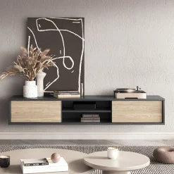 Mobile TV soggiorno sospeso 180x32h cm 2 ante a ribalta 2 vani rovere grigio Glem