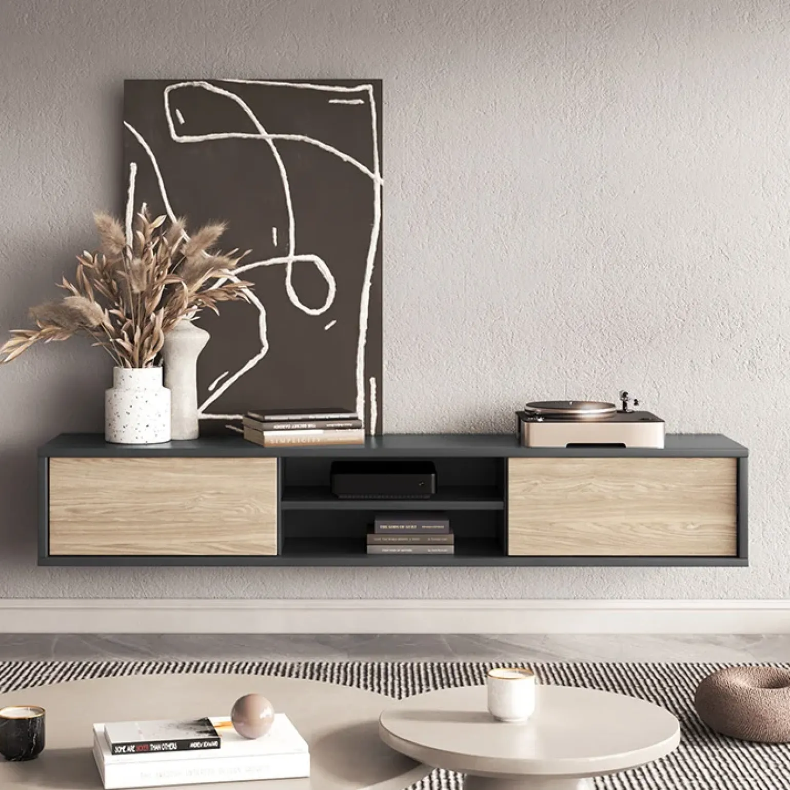 Mobile TV soggiorno sospeso 180x32h cm 2 ante a ribalta 2 vani rovere grigio Glem