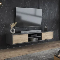 Mobile TV soggiorno sospeso 180x32h cm 2 ante a ribalta 2 vani rovere grigio Glem