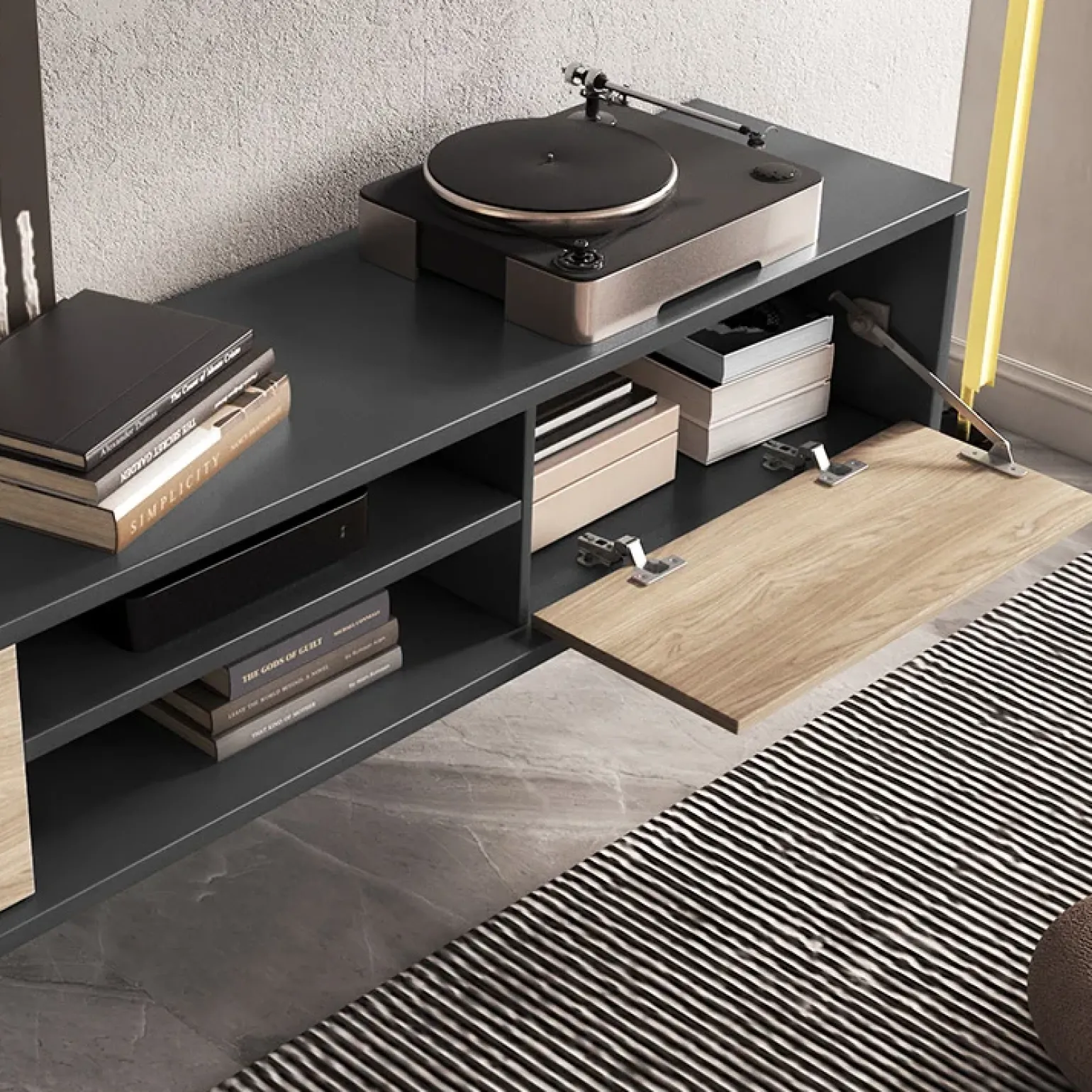 Mobile TV soggiorno sospeso 180x32h cm 2 ante a ribalta 2 vani rovere grigio Glem