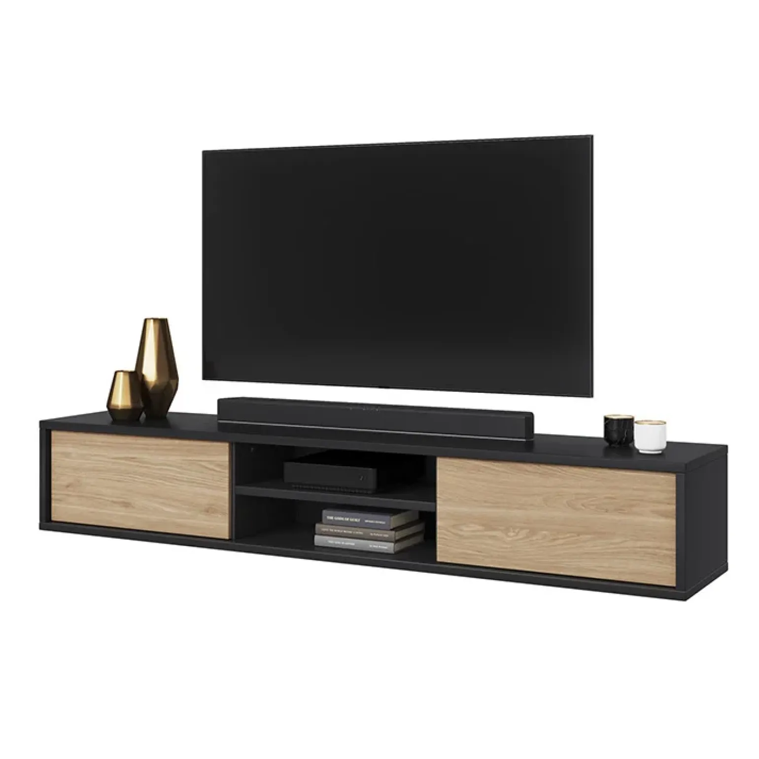 Mobile TV soggiorno sospeso 180x32h cm 2 ante a ribalta 2 vani rovere grigio Glem